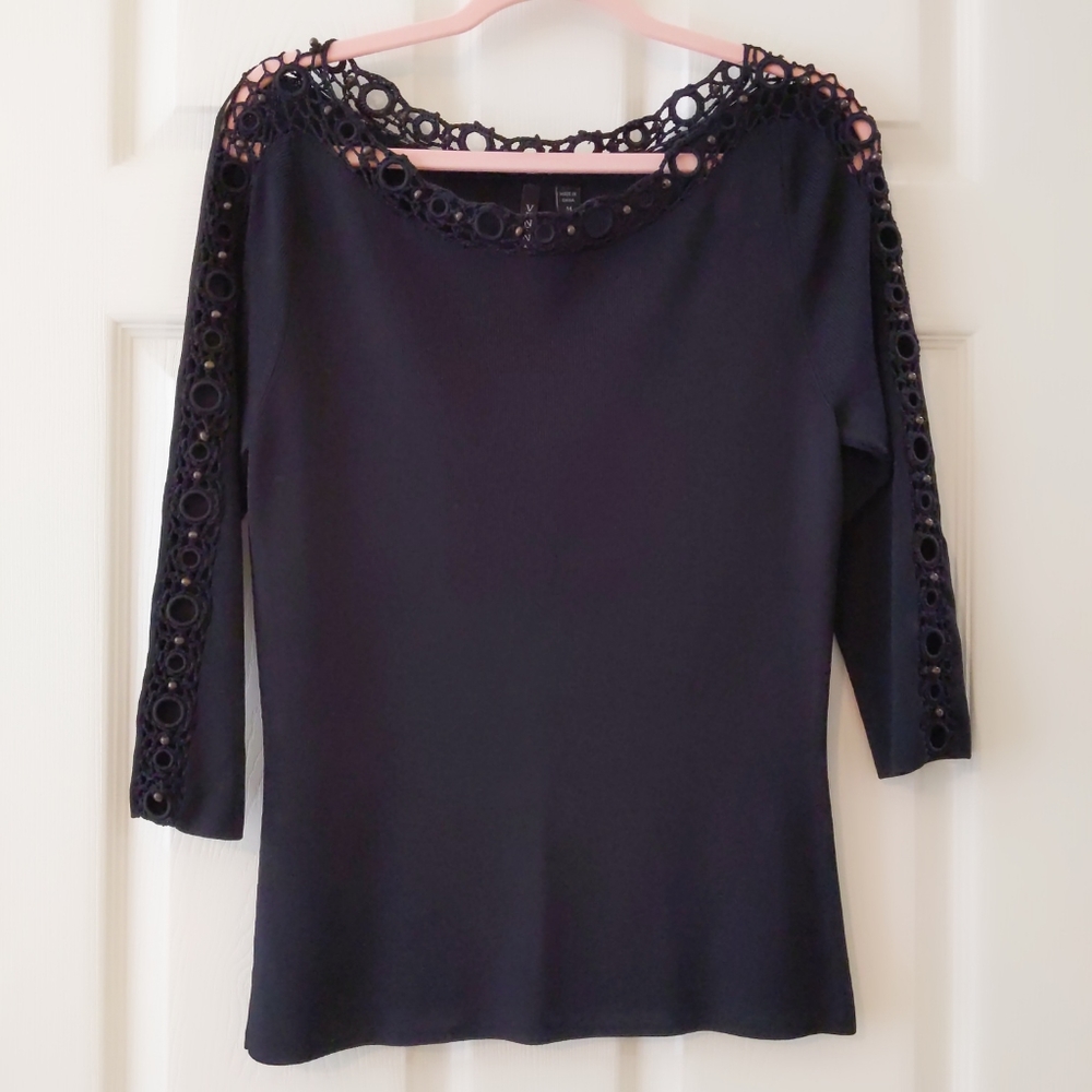 Venini Black Crochet Detail Sweater with Wooden Beads size Medium